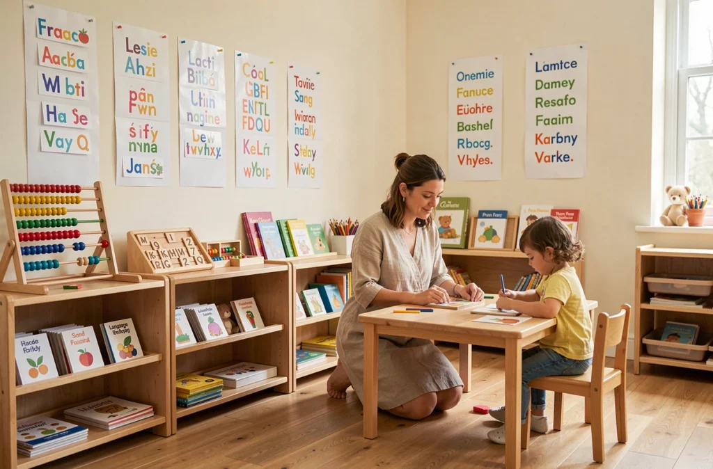 Salle de classe bilingue Montessori de 123 Mon École avec des matériaux pédagogiques en français et en anglais sur des étagères en bois et une éducatrice guidant un élève