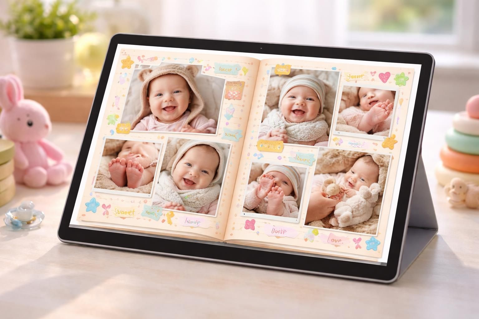 créez un album unique pour bébé avec notre scrapbook numérique sur tablette tactile microsoft surface, alliant créativité et technologie pour immortaliser chaque moment précieux.