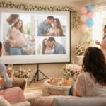 Baby shower de son bébé : diaporama projeté sur écran de projection