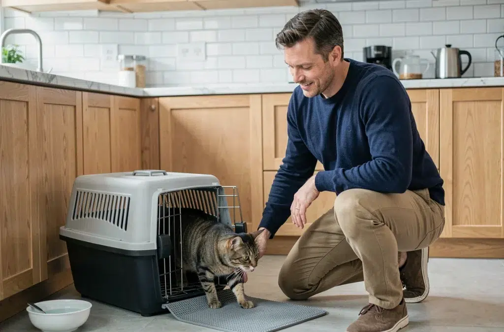 Homme accroupi dans une cuisine accompagnant un chat tabby qui sort prudemment de sa cage de transport lors de son arrivée au domicile