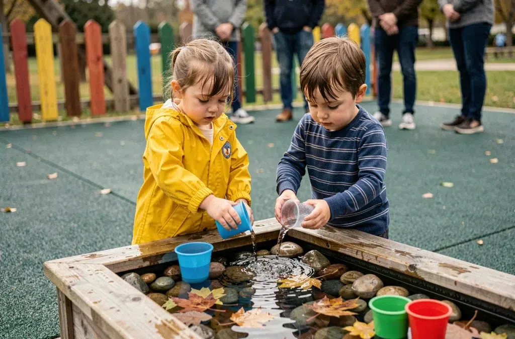 Deux tout-petits jouant ensemble à une table d'eau dans une aire de jeux extérieure