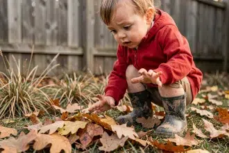 Tout-petit en anorak rouge accroupi dans un jardin d'automne explorant des feuilles mortes
