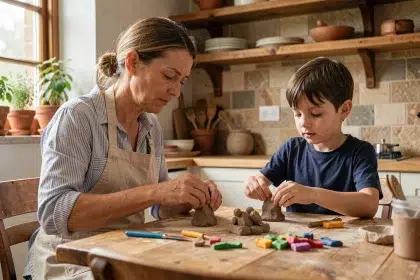Une mère et son fils façonnent des figurines en argile ensemble à une table en bois dans une cuisine familiale