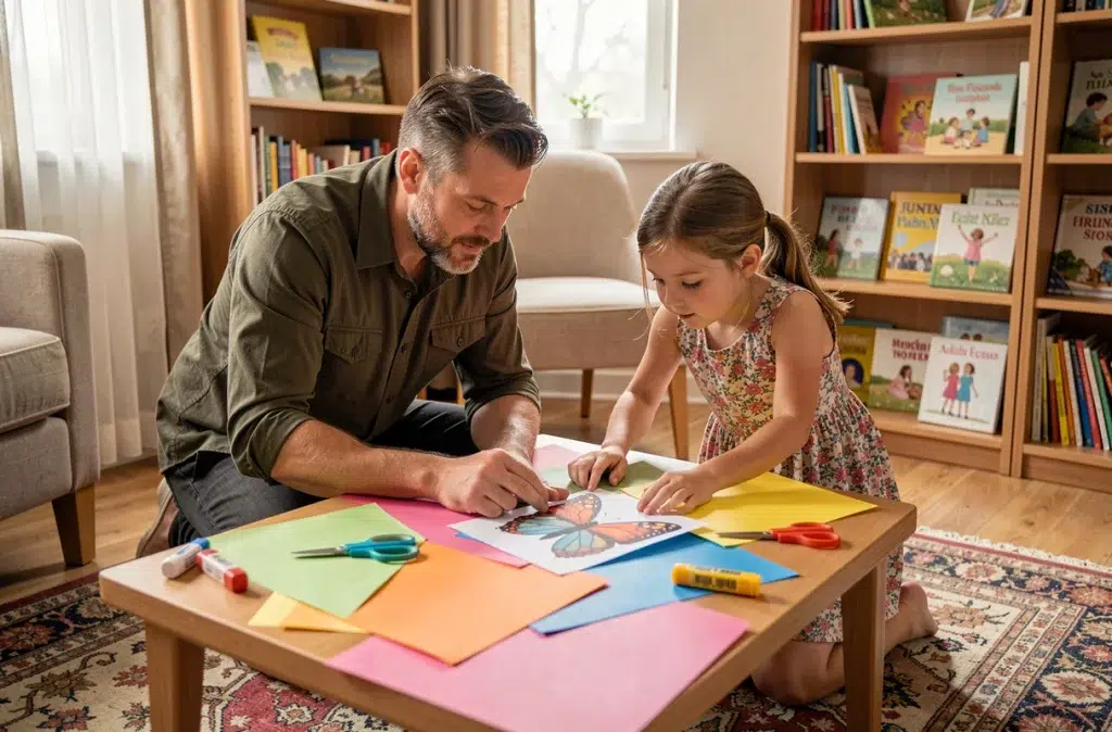 Un père et sa fille réalisent un collage en papier coloré sur une table basse dans un salon chaleureux