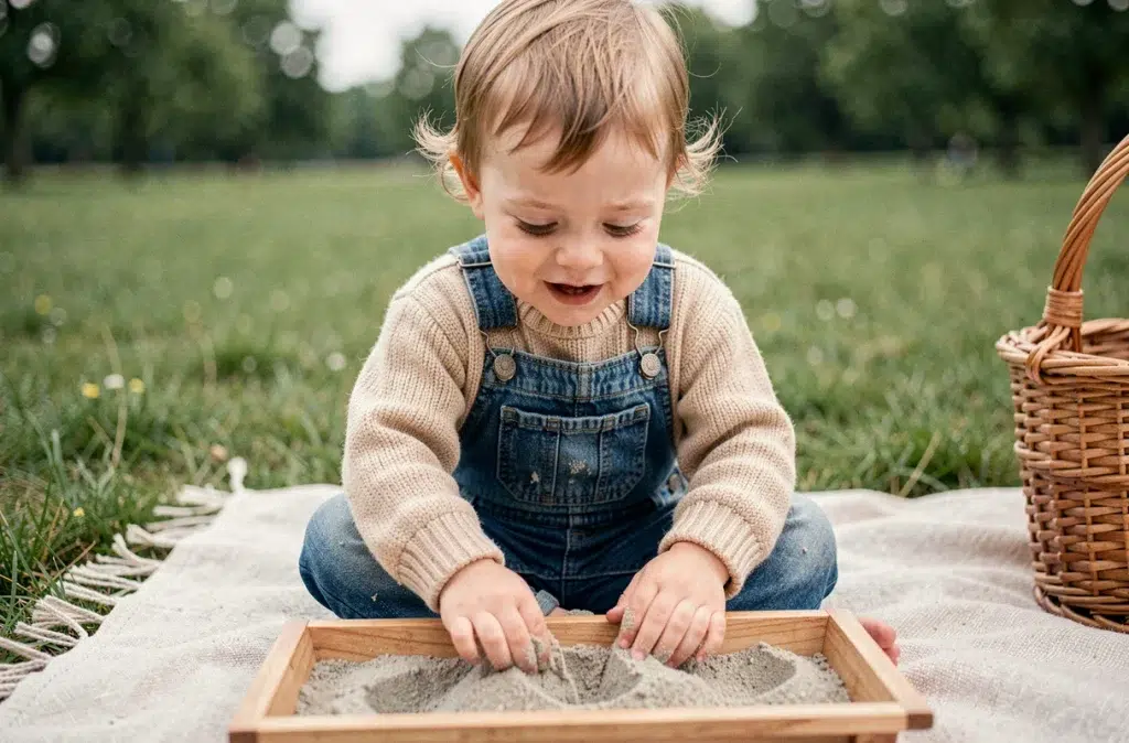 Tout-petit souriant assis sur une couverture de pique-nique dans un parc, explorant un bac à sable sensoriel