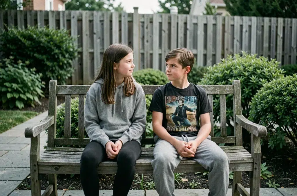 Deux adolescents frères et sœurs assis sur un banc de terrasse en bois, tentant de se réconcilier après une dispute dans un jardin résidentiel