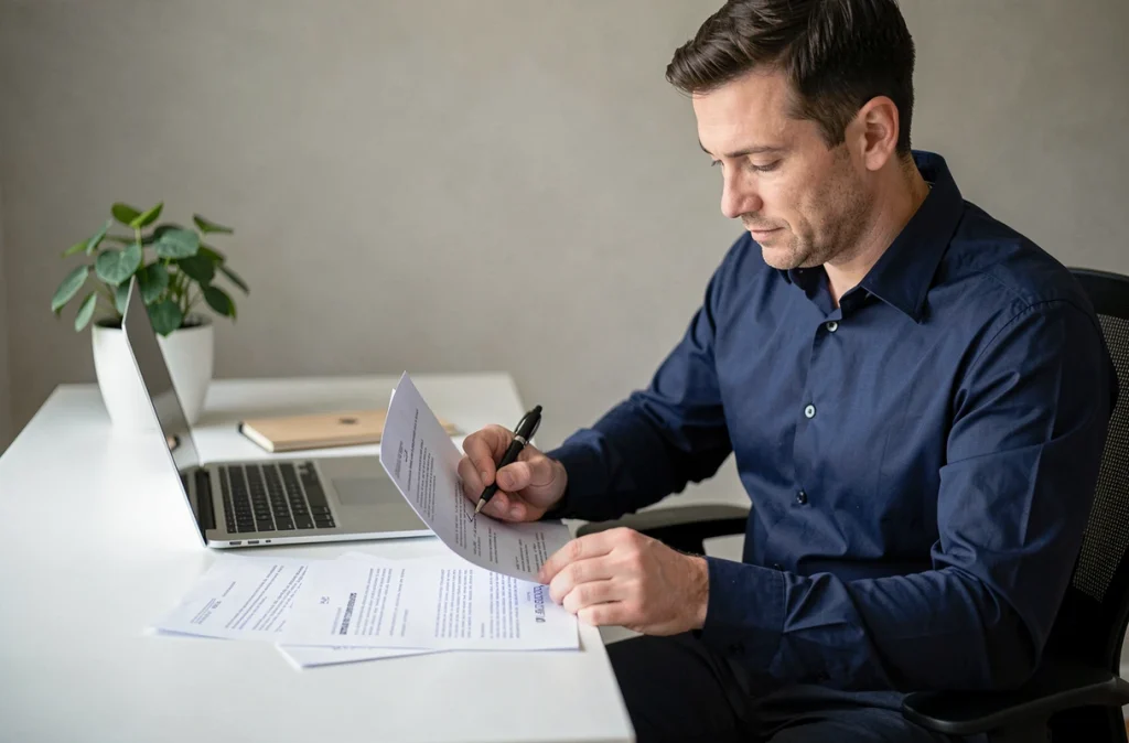 Employeur analysant un contrat d'assistante maternelle pour calculer les indemnités de fin de contrat