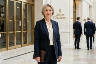 Femme d'affaires élégante dans le hall d'un siège social parisien de luxe, évoquant l'univers discret du clan Arnault et de la dynastie LVMH