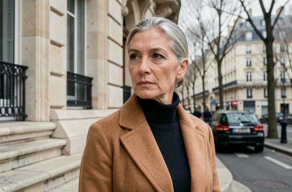 Portrait d'une femme élégante sur les marches d'un immeuble haussmannien parisien, symbole du milieu discret et influent gravitant autour de la famille Arnault et du groupe LVMH