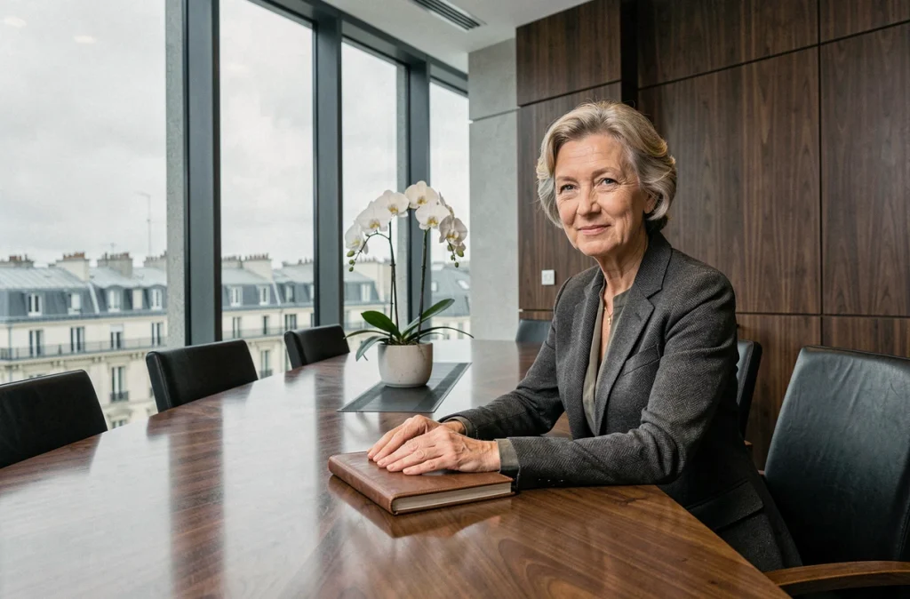 Femme influente assise dans une salle de conseil d'administration parisienne, illustrant le pouvoir discret des membres méconnus de la famille Arnault dans l'empire LVMH