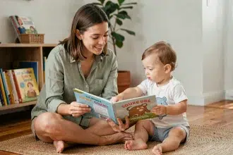 Une femme accompagne un jeune enfant dans l'apprentissage du langage en lisant un livre illustré ensemble sur un tapis de jeu