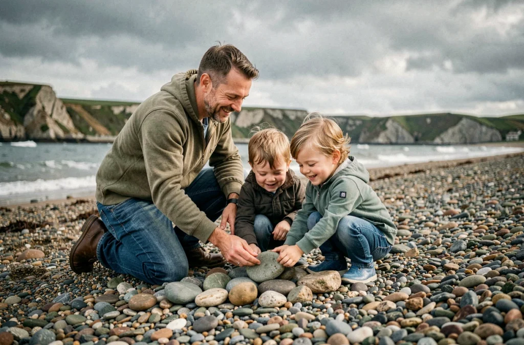 Père et ses deux enfants explorant des galets sur une plage normande, photographiés par Arnaud Chapelle