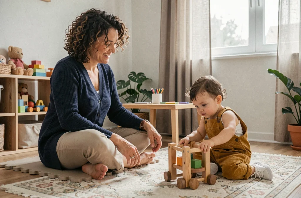 Assistante maternelle assise au sol avec un jeune enfant explorant des jouets en bois dans un espace de garde à domicile