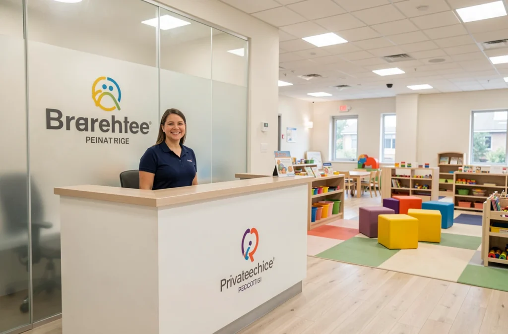 Accueil moderne d'une crèche Babilou avec une éducatrice souriante en polo marine et une salle de jeux colorée en arrière-plan