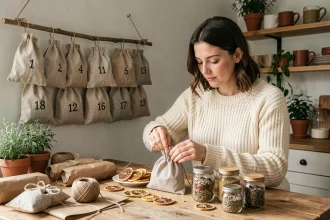 Femme préparant un calendrier de l'Avent zéro déchet avec des pochettes en lin et des cadeaux naturels faits maison