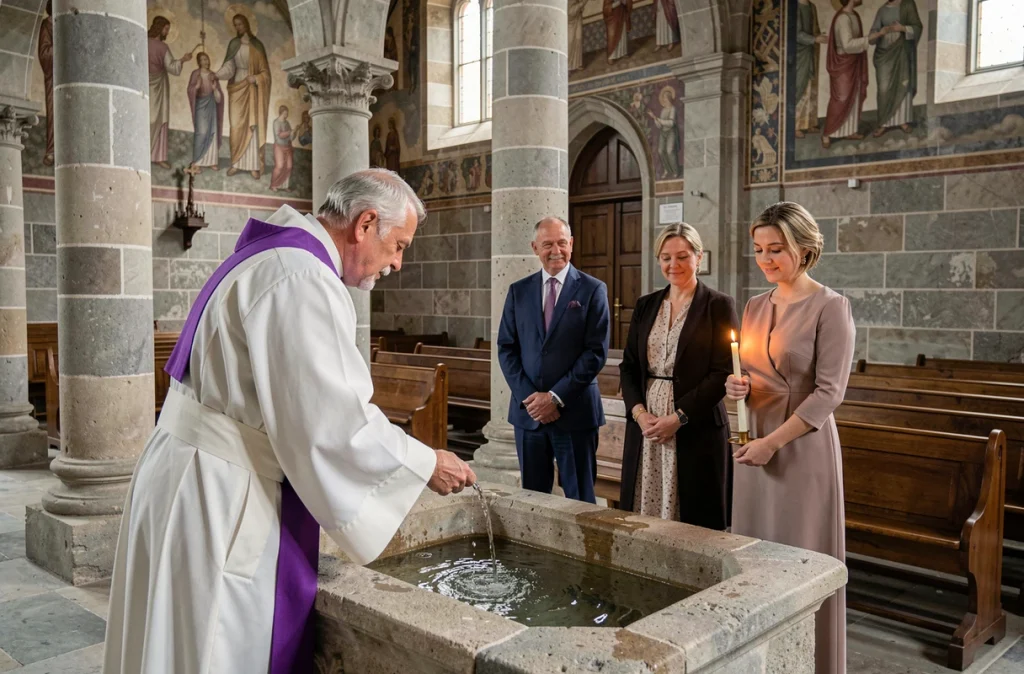 Cérémonie de baptême dans une église de village avec un prêtre et une famille réunie autour des fonts baptismaux