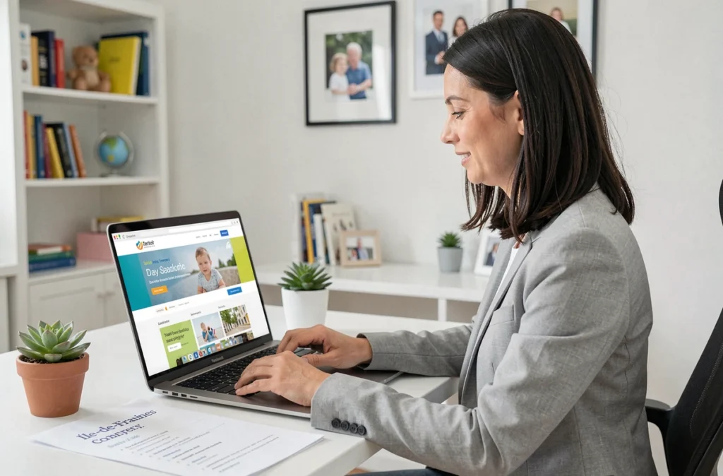 Femme consultant une plateforme de mise en relation avec des crèches franciliennes sur son ordinateur portable à son bureau à domicile, avec une liste imprimée de crèches