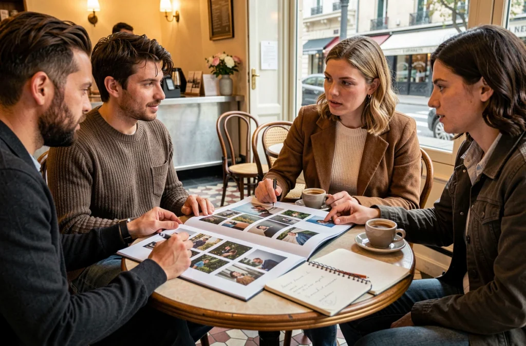 Groupe de clients étudiant un portfolio photographique dans un café authentique de Fontenay-aux-Roses pendant une rencontre avec un photographe