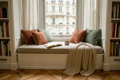 Coin lecture cosy aménagé dans une alcôve de fenêtre avec coussins en lin, plaids tricotés et étagères de livres dans un appartement haussmannien