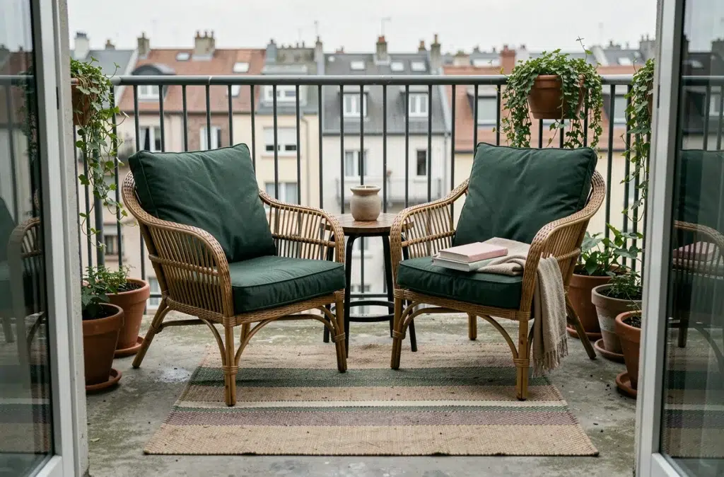 Coin lecture aménagé sur un petit balcon d'appartement avec fauteuil en rotin, coussins verts, plantes en pot et pile de livres sur table d'appoint
