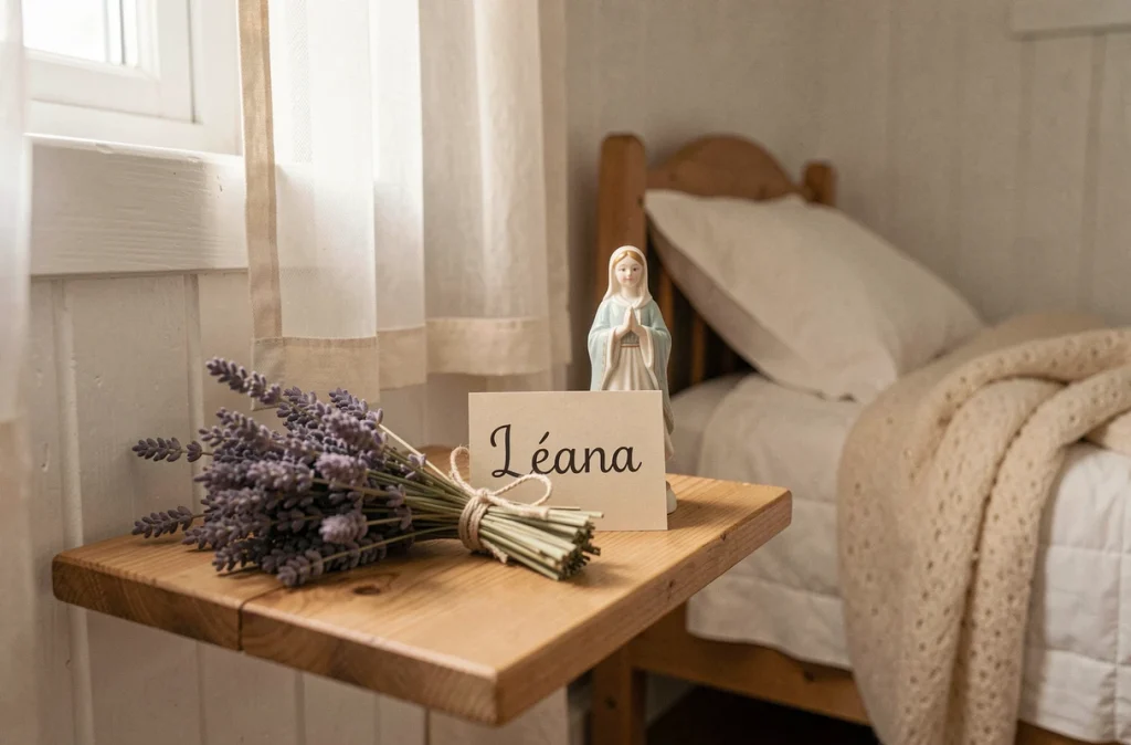 Coin prière familial avec statuette de sainte Léana et carte prénom dans une chambre d'enfant