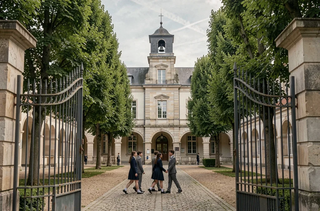 Collège et lycée Notre-Dame à Roanne avec des élèves traversant la cour intérieure