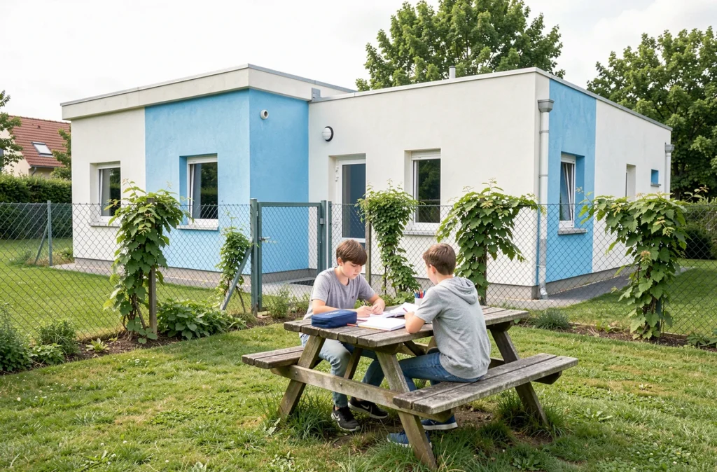 Deux collégiens travaillant en extérieur devant le Collège Sainte-Marie de La Fouillouse