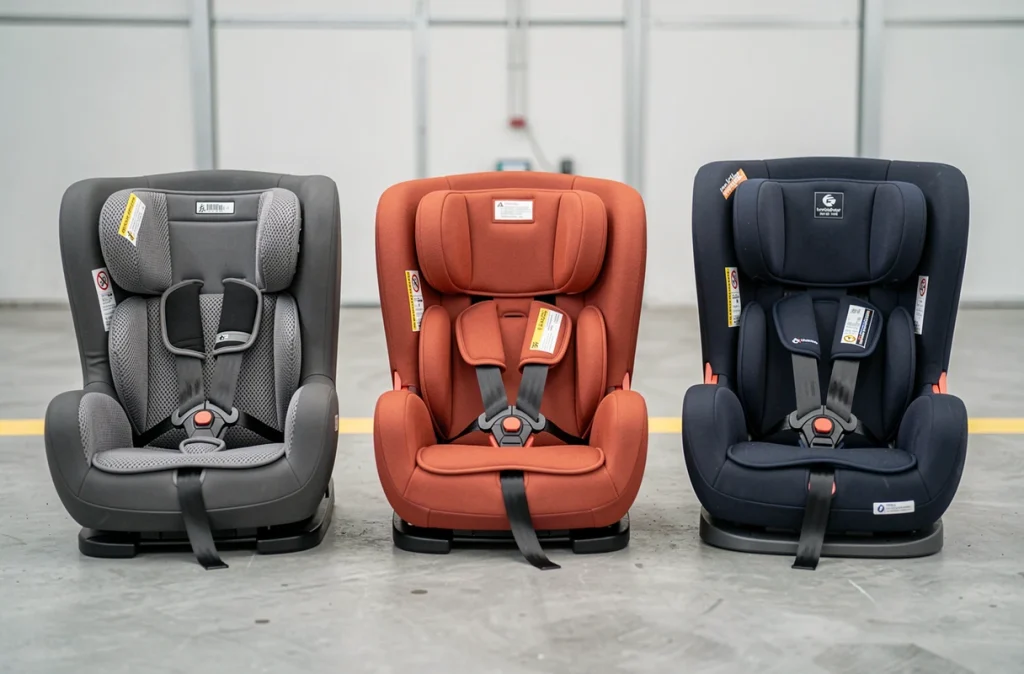 Comparatif de trois sièges auto enfant de catégories différentes posés côte à côte dans un centre de tests de sécurité ADAC 2026