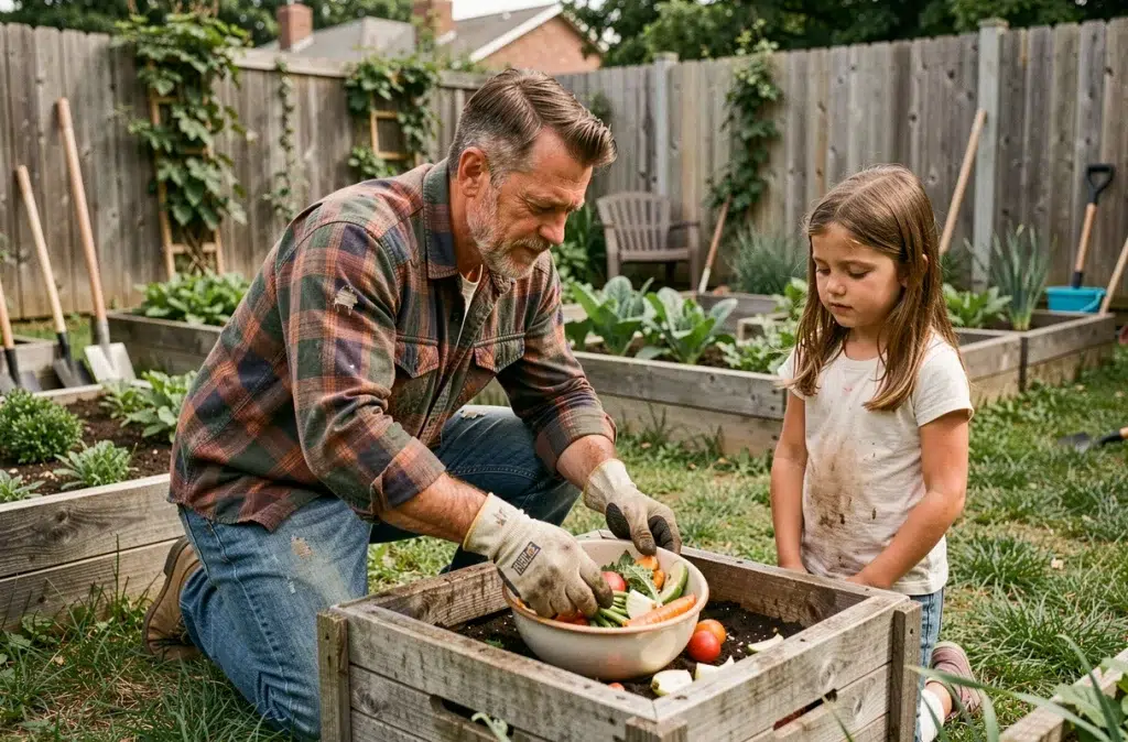 Père et fille pratiquant le compostage familial dans un jardin potager éco-responsable