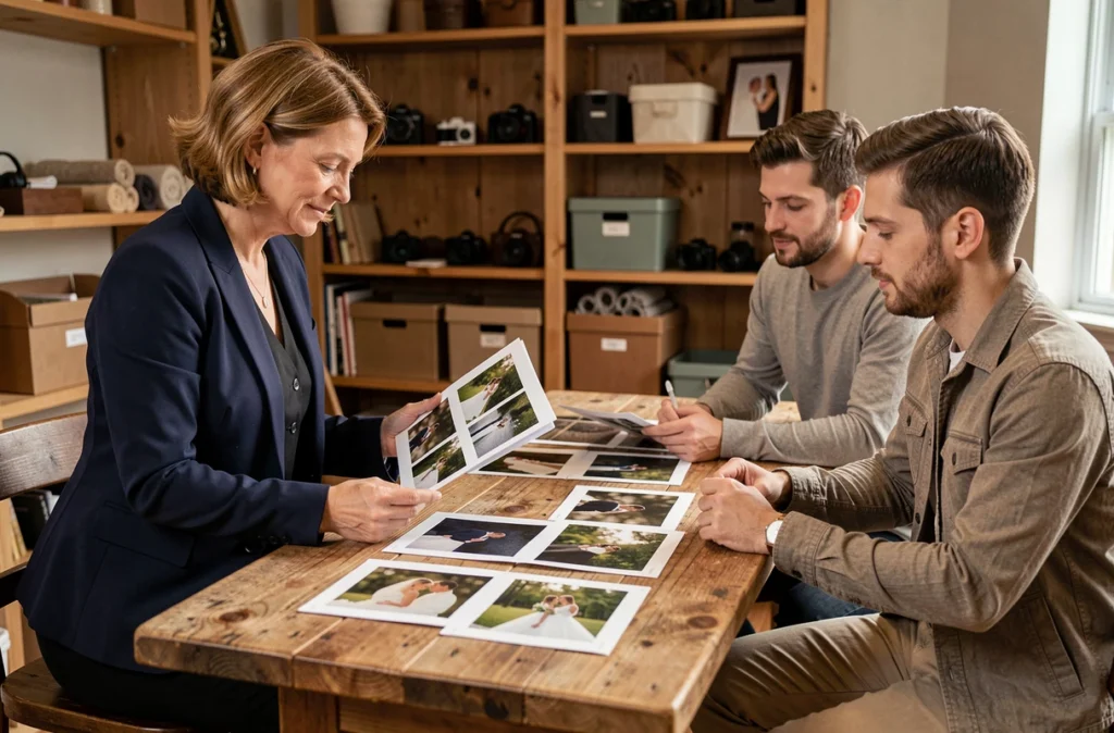 Photographe de mariage présentant son portfolio à un couple lors d'une consultation en studio à Charleville, avec des tirages photo étalés sur une table en bois