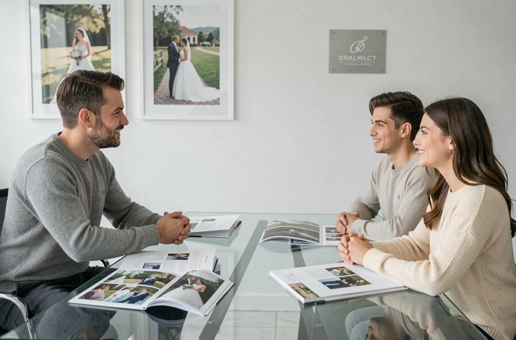 Consultation de tarif avec un photographe de mariage professionnel dans un studio moderne à Cannes dans les Alpes-Maritimes