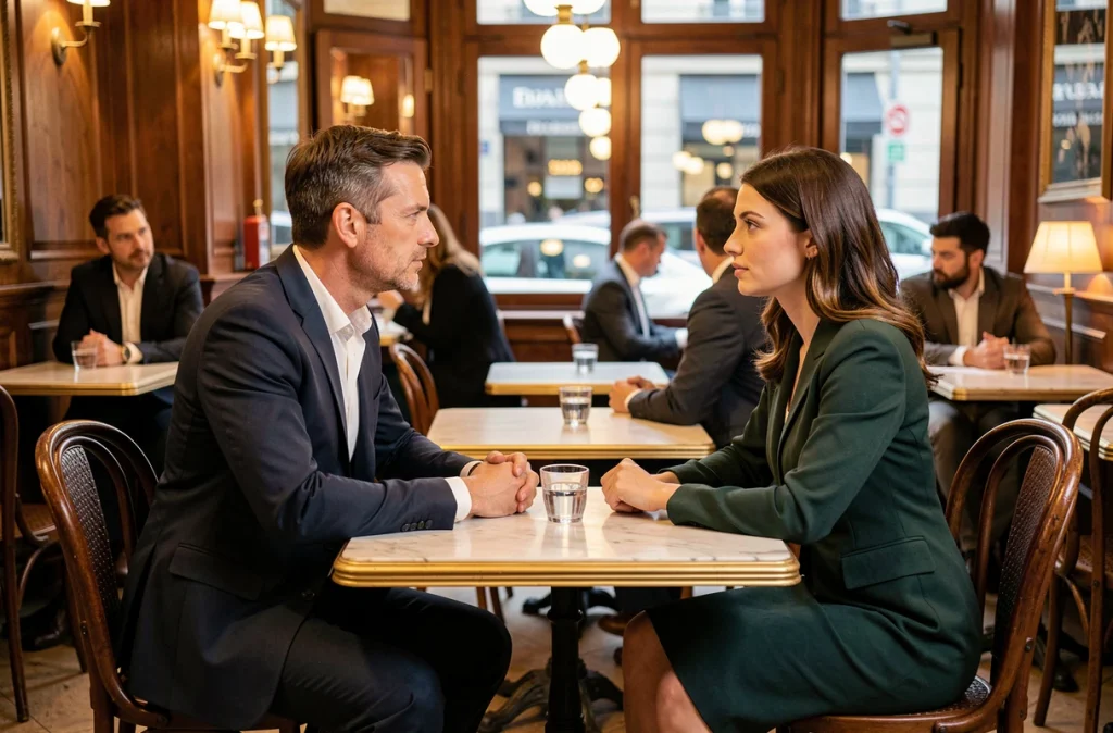 Un homme et une femme en discussion dans une brasserie parisienne, évoquant les relations proches et sentimentales dans l'entourage de Marie de Villepin