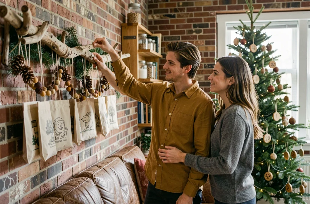 Couple accrochant un calendrier de l'Avent zéro déchet fait maison dans un salon décoré pour Noël de façon écoresponsable