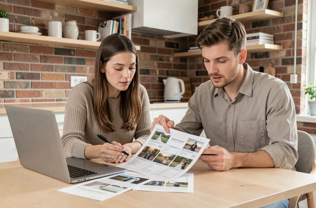 Couple comparant les offres et tarifs de photographes de mariage à Charleville-Mézières, assis devant un ordinateur portable avec des brochures imprimées sur la table