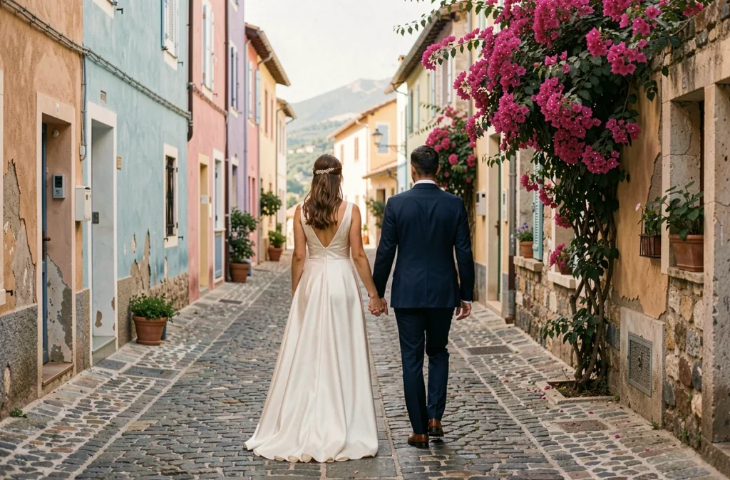 Couple de mariés se promenant dans un village perché des Alpes-Maritimes photographié de manière candide