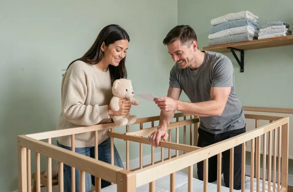 Couple assemblant un lit bébé en bois dans une chambre d'enfant repeinte en vert sauge pour préparer l'arrivée d'un deuxième bébé