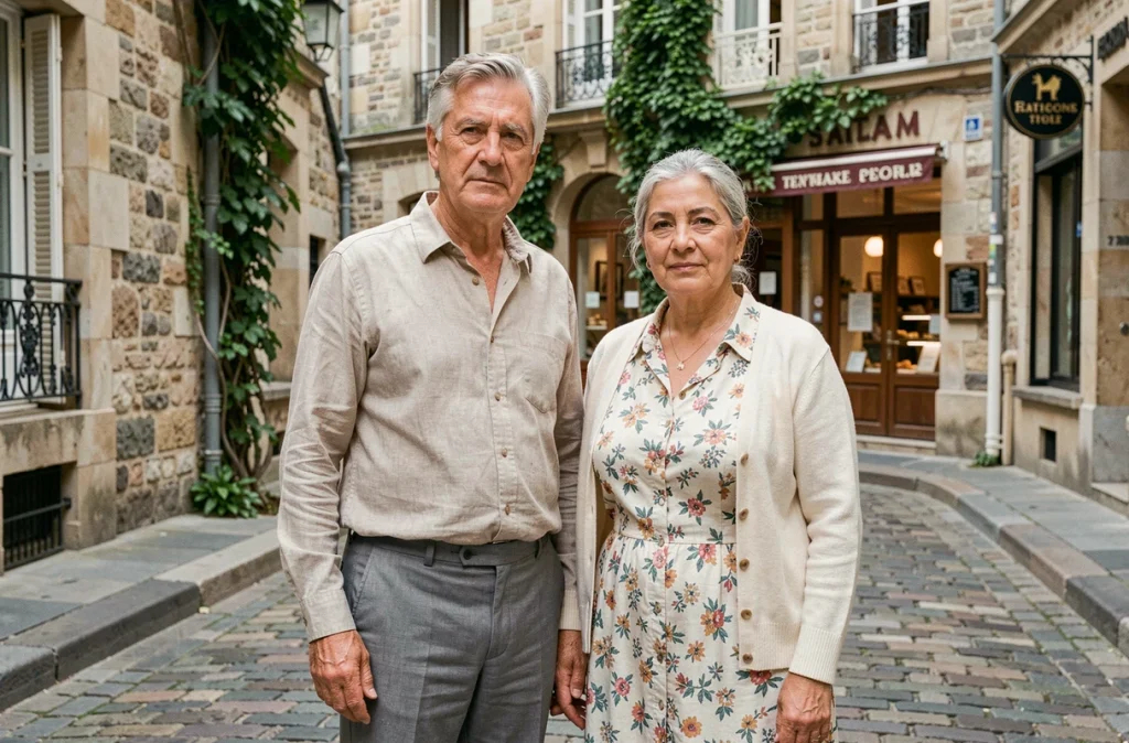 Couple d'origine méditerranéenne et nord-africaine devant un immeuble en pierre française, évoquant la question des origines culturelles et de l'identité parentale