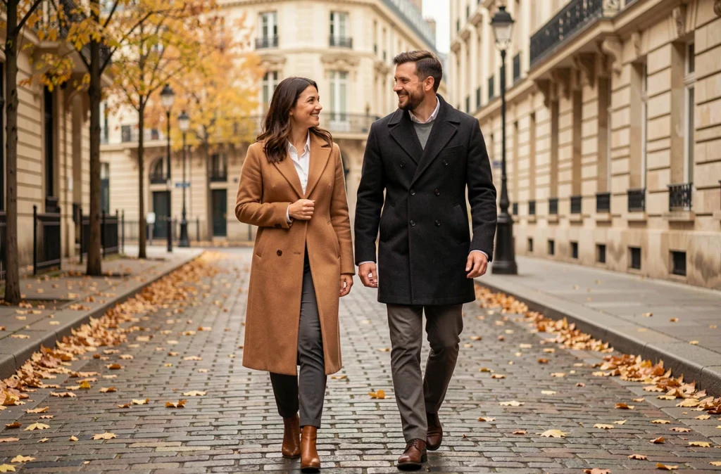 Couple se promenant dans une rue parisienne en automne, illustrant la vie amoureuse et sentimentale d'une personnalité publique