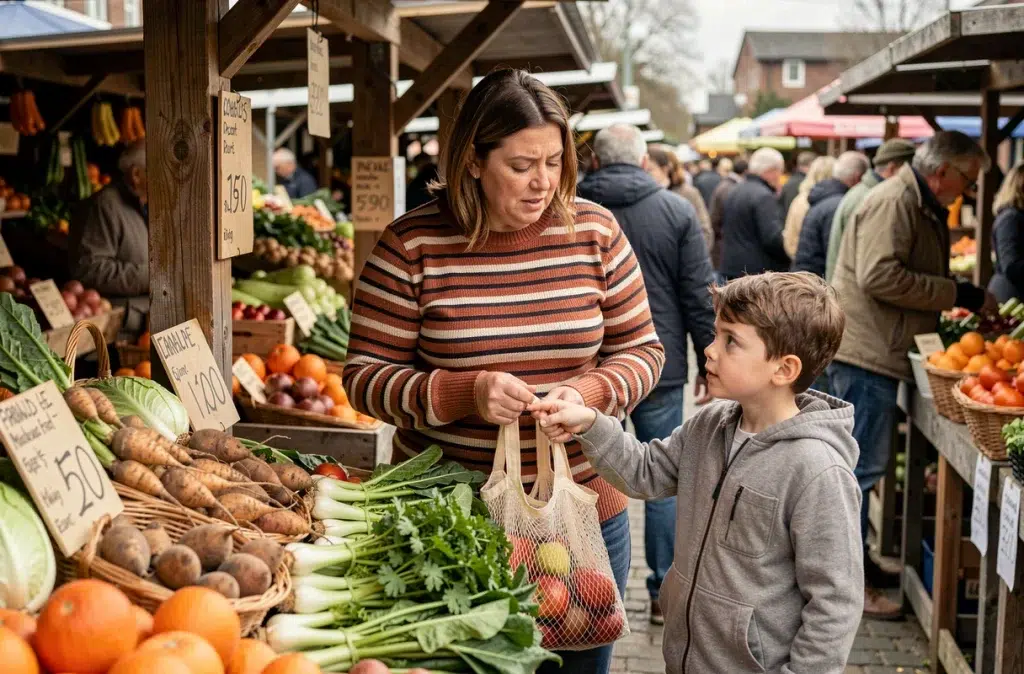 Mère et enfant faisant leurs courses au marché local avec des sacs réutilisables