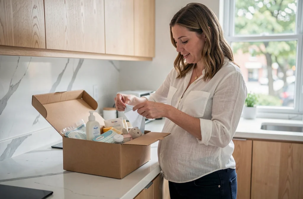Femme enceinte déballant un colis de cadeaux gratuits maternité dans une cuisine moderne