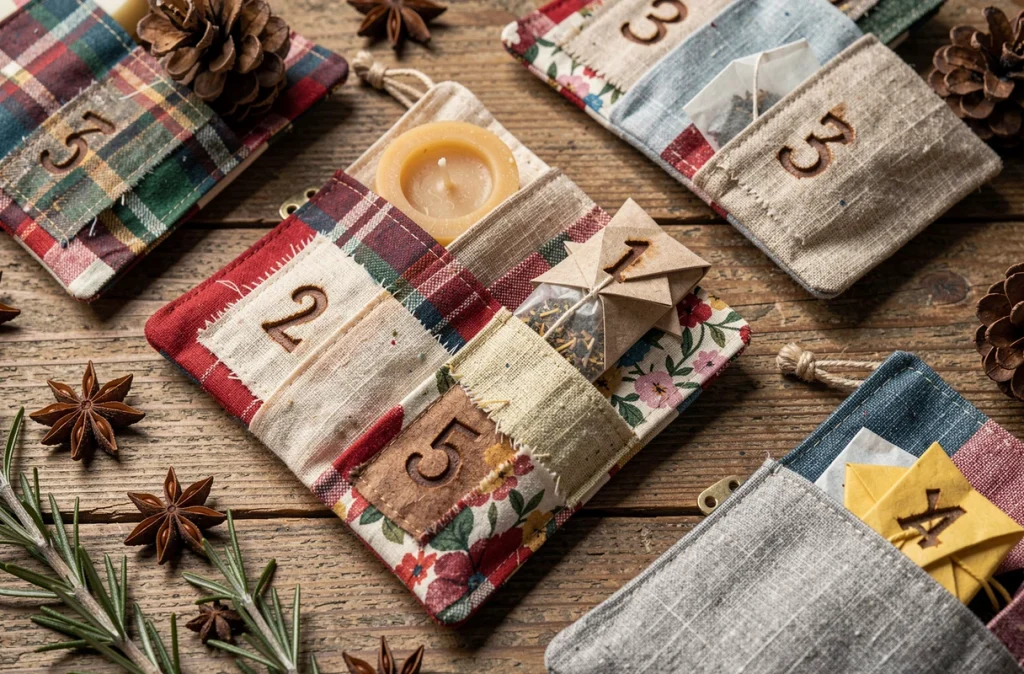 Gros plan sur des pochettes en tissu recyclé numérotées pour un calendrier de l'Avent zéro déchet fait maison
