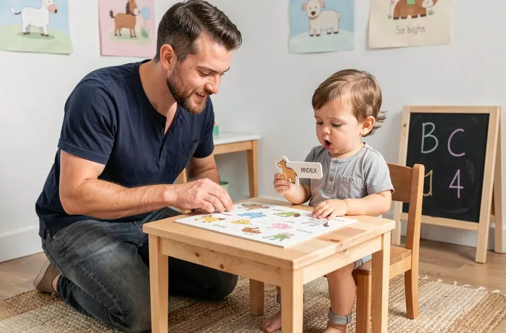 Un homme encourage un enfant en bas âge à nommer des images sur un puzzle éducatif pour stimuler le développement du langage