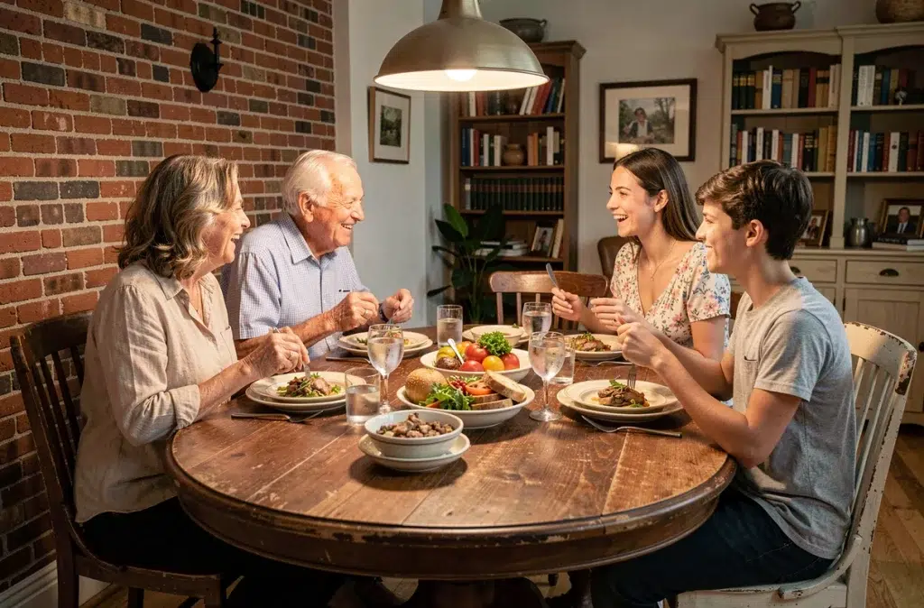 Famille multigénérationnelle réunie autour d'un repas animé dans une salle à manger vintage, représentant le dialogue et le partage intergénérationnel