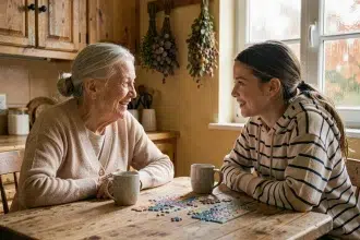 Grand-mère et petite-fille discutant autour d'un puzzle dans une cuisine rustique chaleureuse, illustrant le dialogue intergénérationnel en famille
