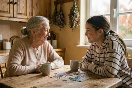 Grand-mère et petite-fille discutant autour d'un puzzle dans une cuisine rustique chaleureuse, illustrant le dialogue intergénérationnel en famille