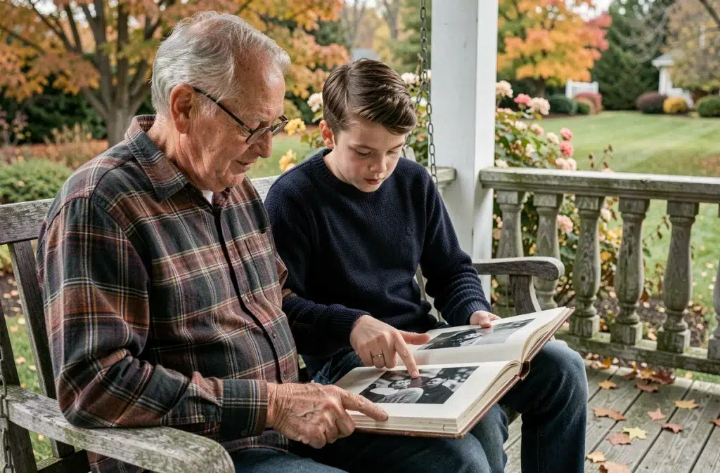 Grand-père et petit-fils feuilletant un album photo sur une véranda en automne, symbolisant la transmission mémorielle entre générations