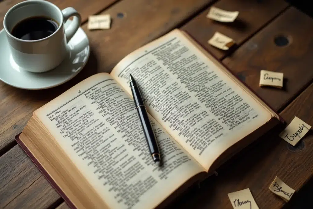 Vue aérienne d'un dictionnaire ouvert avec des prénoms insolites, stylo et notes manuscrites sur une table en bois