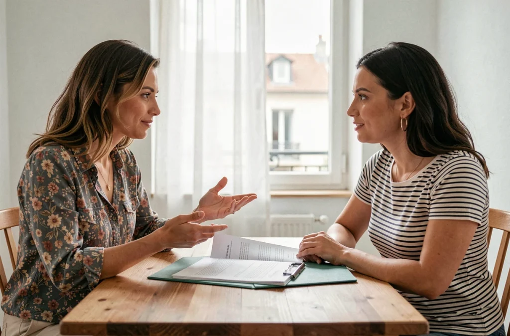 Discussion entre une assistante maternelle et un parent employeur lors d'une rupture de contrat à l'amiable