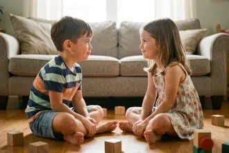 Deux jeunes frères et sœurs assis face à face sur le sol d'un salon, exprimant une réconciliation progressive lors d'une dispute fraternelle
