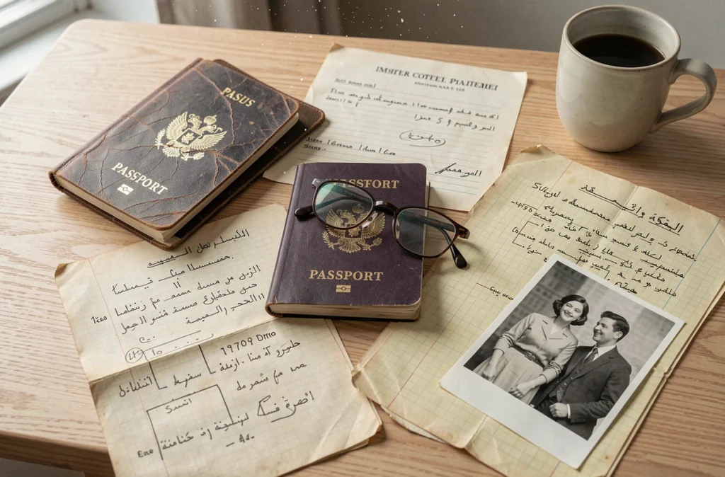 Documents d'archives personnels incluant passeports anciens, papiers d'immigration et arbre généalogique manuscrit, évoquant la recherche des origines familiales
